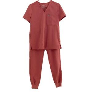 FIGS Technical Collection Scrub Set Rose Pink Top Drawstring Jogger Pants Small